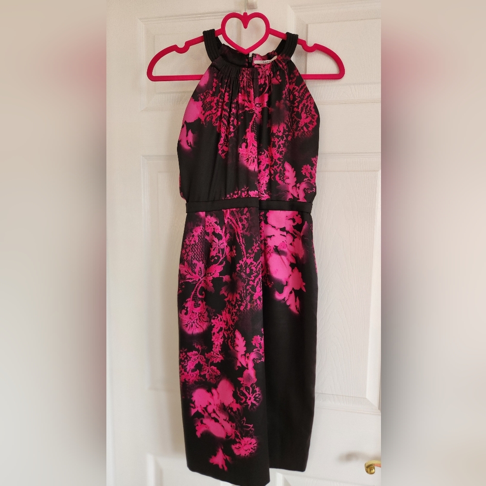 Tahari Pink and Black Patterned Satiny Dress